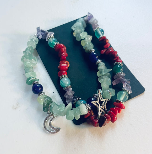 Mossy Agate/Red Jasper/Amethyst Double Strand Anklet